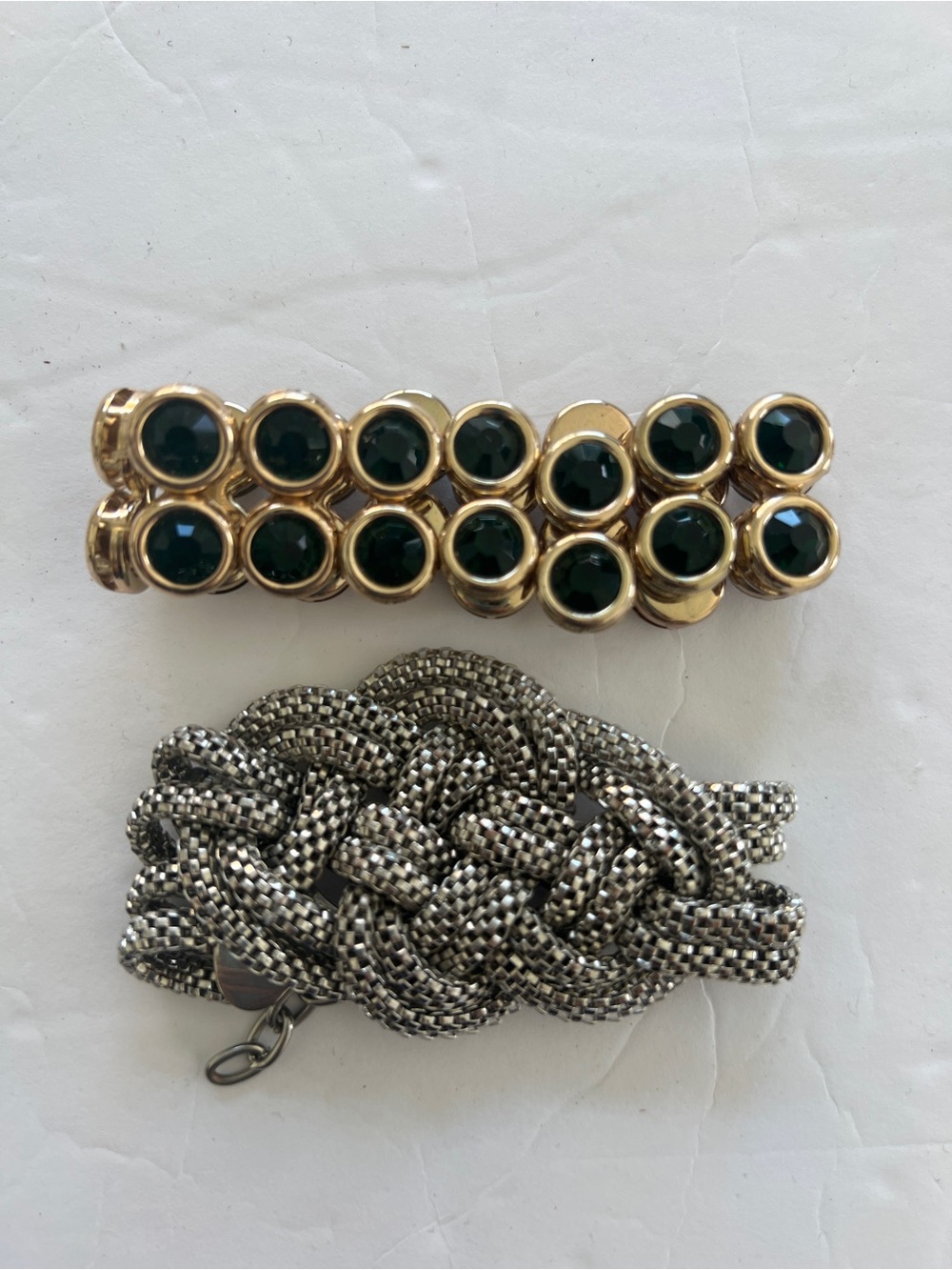 Gold Bracelet with Dark Green Gems + Silver Braided Chain Bracelet